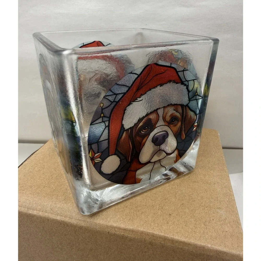 Stained Glass Styled Square Tealight Holder- Christmas Hat Dog, Real Glass Cup..